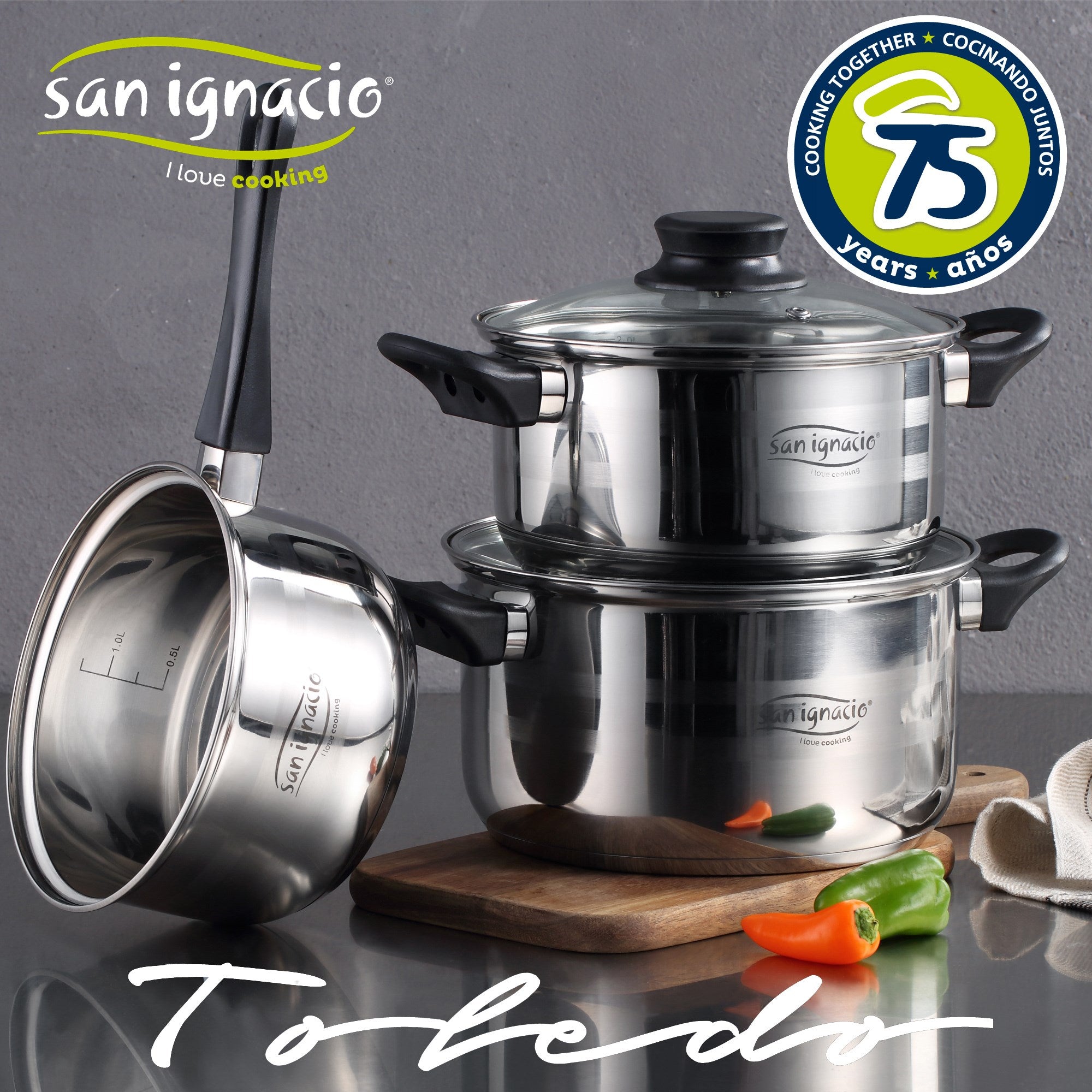 Juego de 3 sartenes Ø16/20/24 y batería de cocina 5 pzs San Ignacio Aluminio prensado y acero inoxidable. Apto para inducción